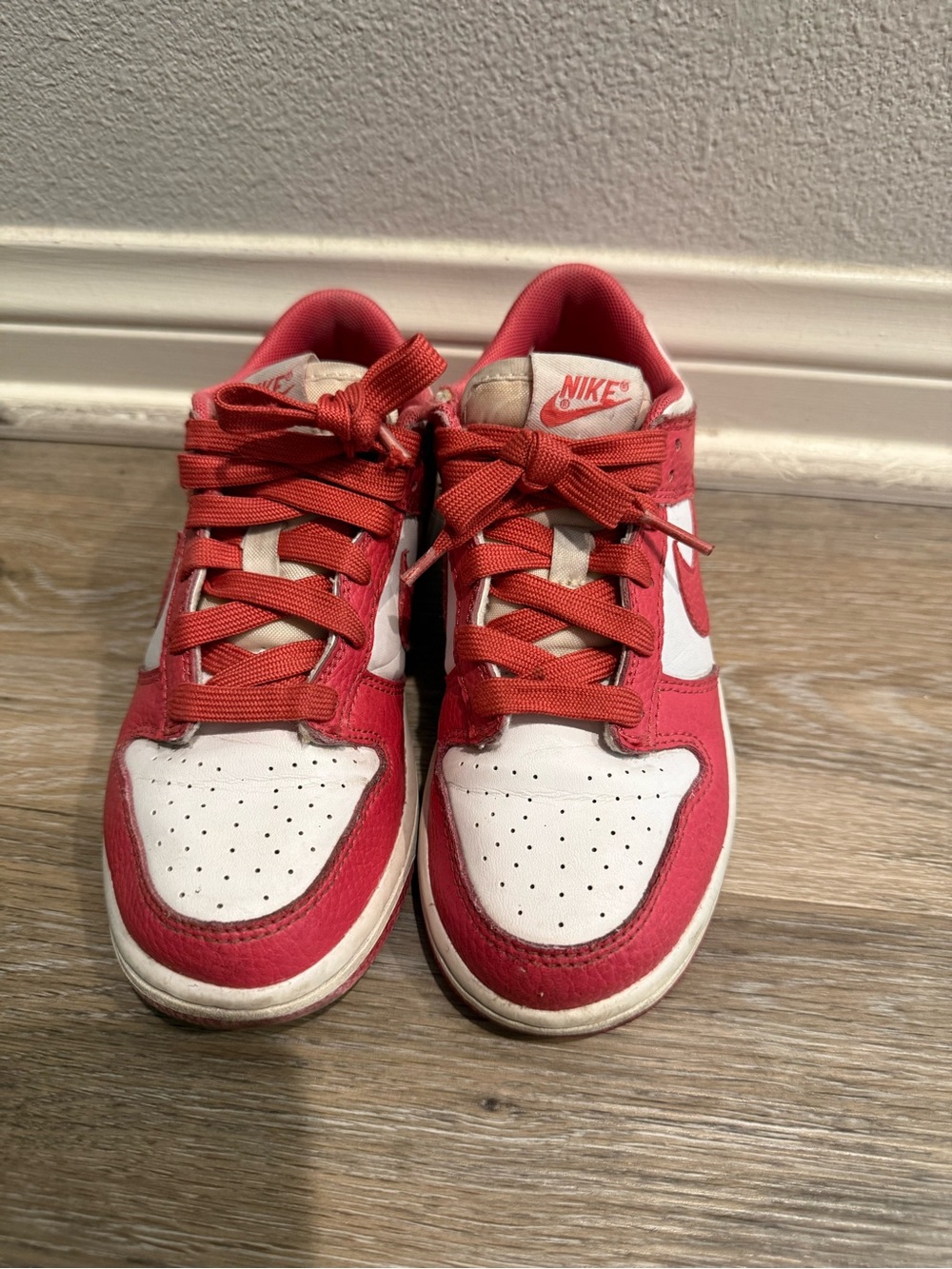 Nike Kids Red and White Low-Top Sneakers with Swoosh